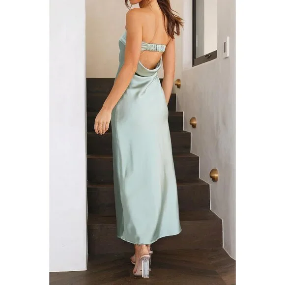 Women's Sage Cocktail Satin Staples Tube Bodycon Backless Party Maxi Dress - Picture 4 of 7